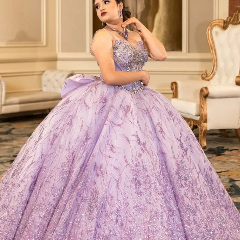 

Customized Shiny Purple Quinceanera Dresses Off the Shoulder crystal glitter applique Bow Long tail Vestido 15 Quinceanera