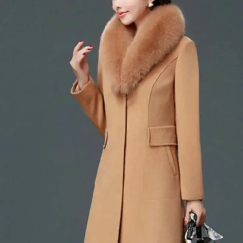 

Autumn Winter High End Fashion Woolen Faux Fur Collar Slim Was Thin Mid-Length Women Coat