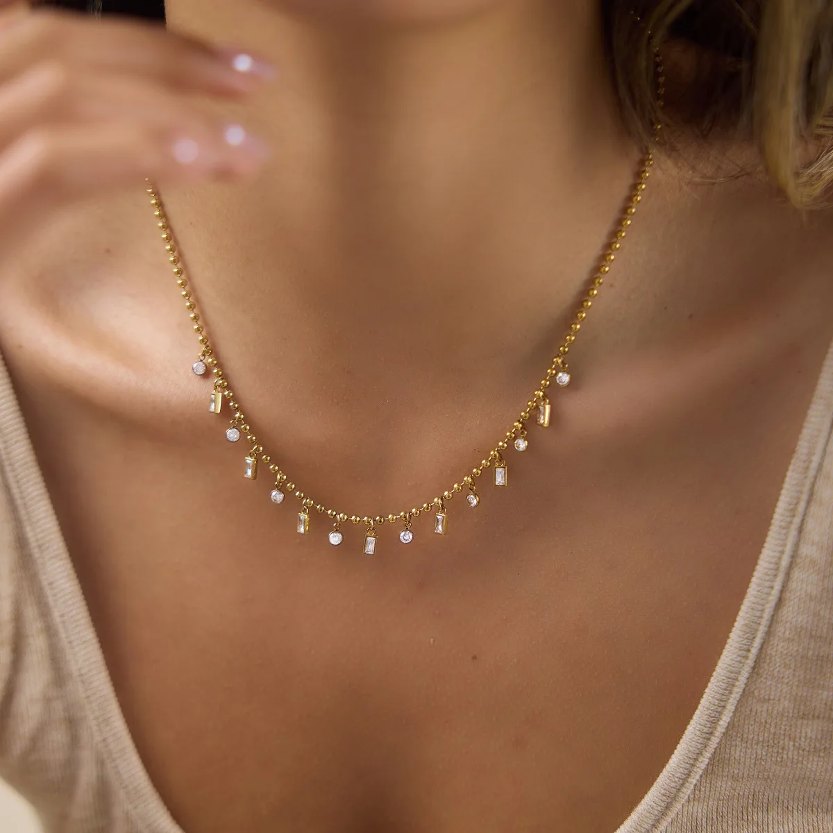 Dainty Clean Girl CZ Drop Fringe Station Choker Necklace,Waterproof Non-Fading 18K Gold Stainless Steel,Baguette CZ Drop Jewelry