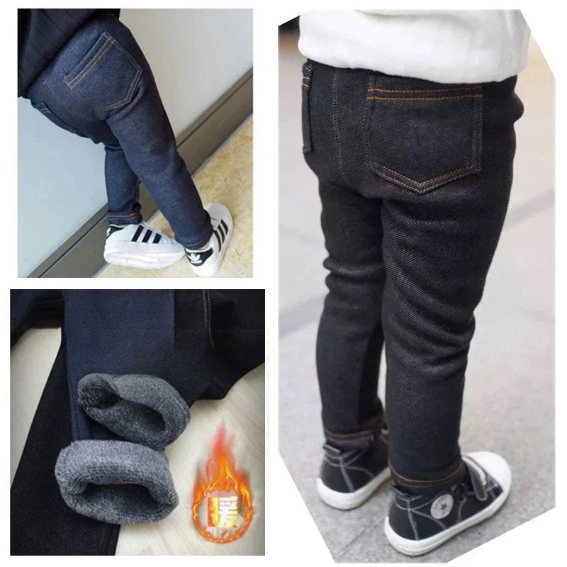 New Winter Children's Jeans Boys and Girls' Solid Color Thin Velvet Elastic Belt Jeans Infant Elastic Denim Pants 1-6Y