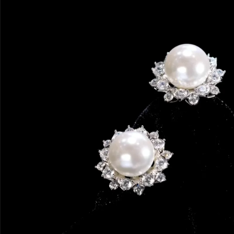 BELLUX 925 Silver Synthetic Zircon Earrings White Shell Pearl Full Diamond Sunflower Fashion Elegant Women's Earrings