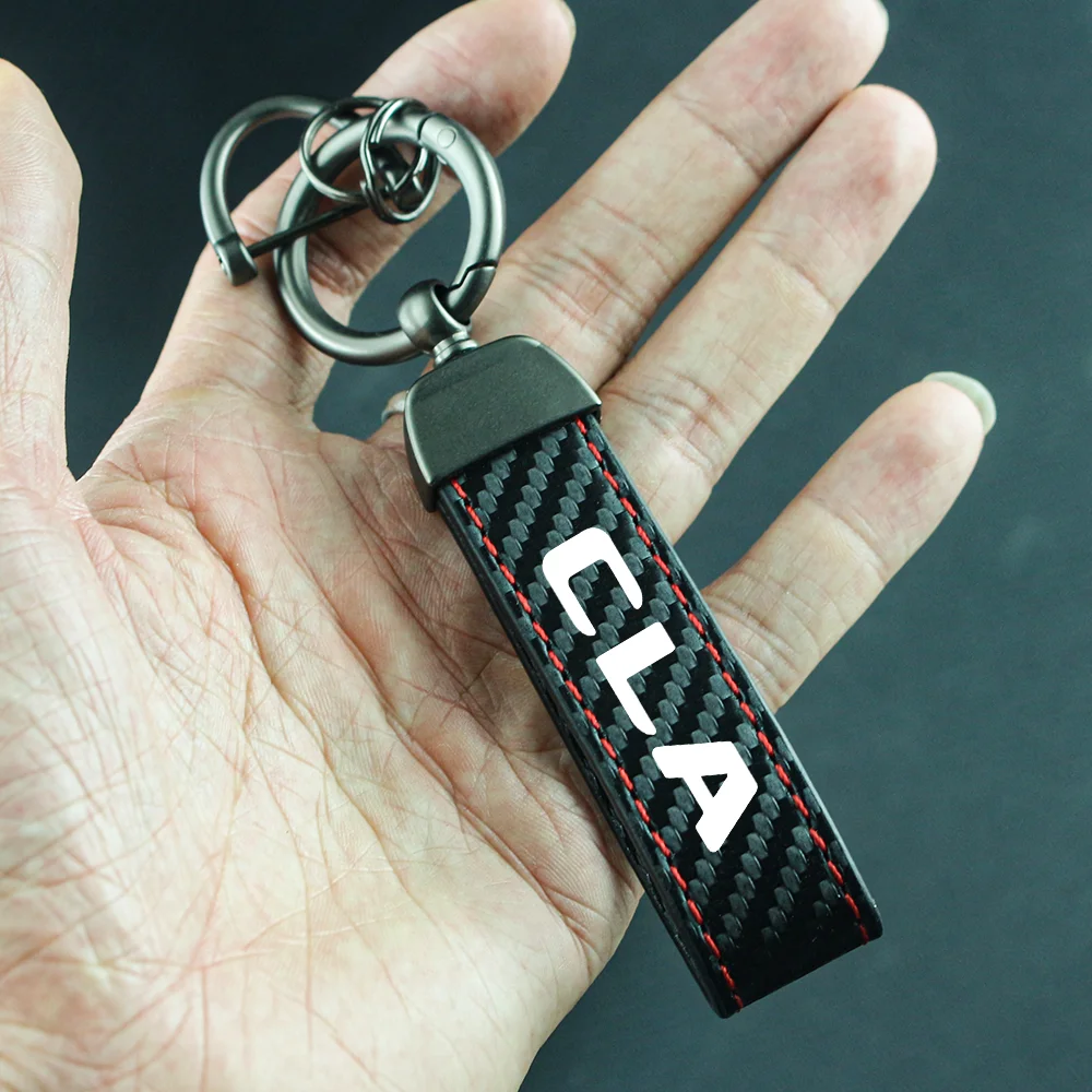 Gantungan kunci mobil kulit serat karbon, gantungan kunci liontin gantungan kunci gesper sepatu kuda untuk Mercedes Benz CLA CLA35 CLS E63 Accessories