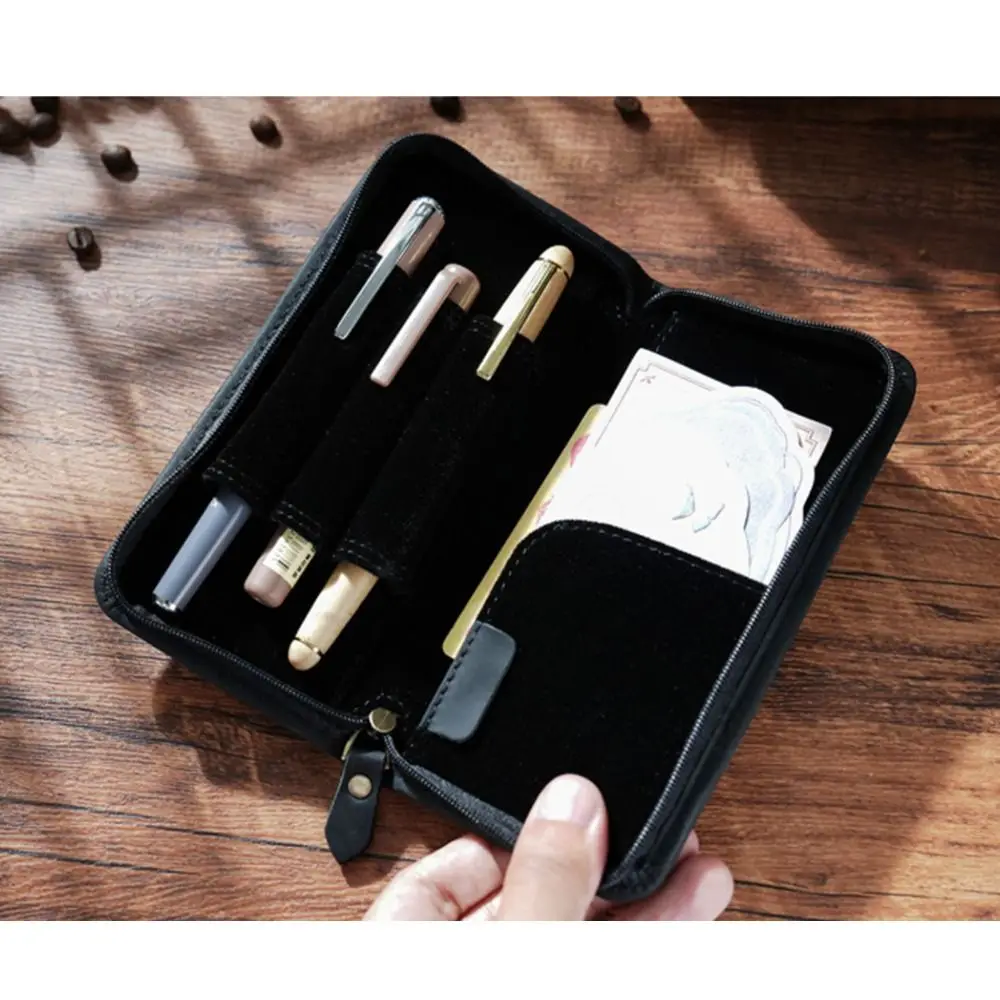 top-layer-of-cowhide-cowhide-pen-case-zipper-closure-card-holder-cowhide-pen-bag-large-capacity-3-slots-pen-pouch