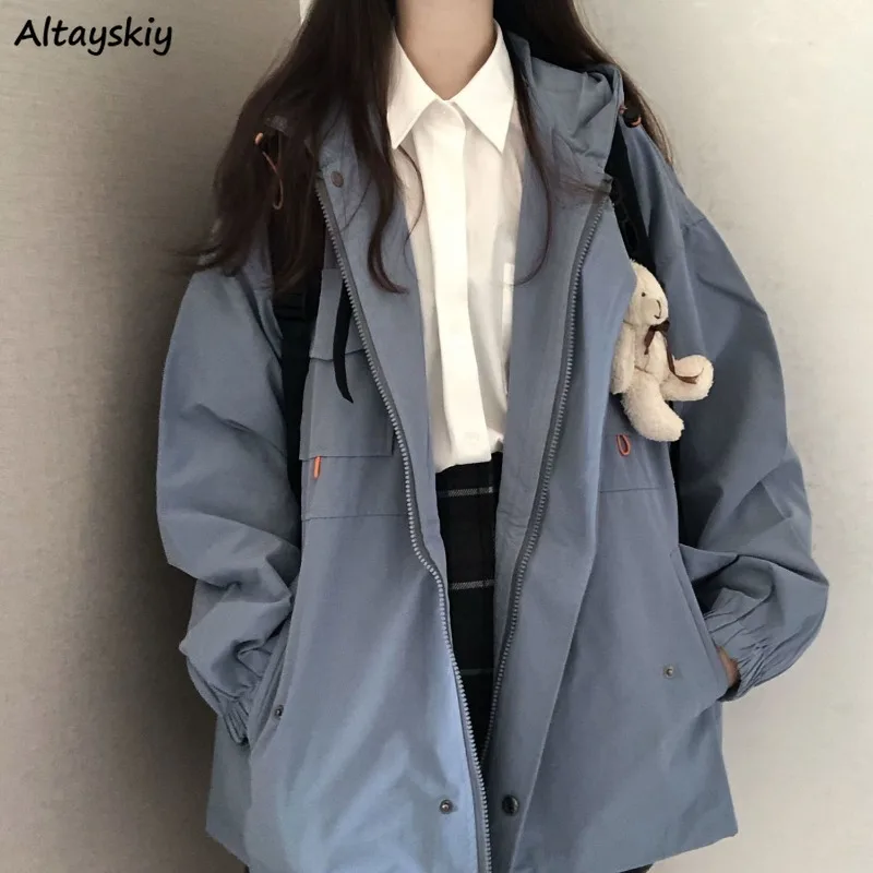 Baggy Jackets Women Autumn Hooded Outwear Tender Preppy Style Casual Pockets Girlish All-match Ulzzang Basic Chic Zip-up Clothes