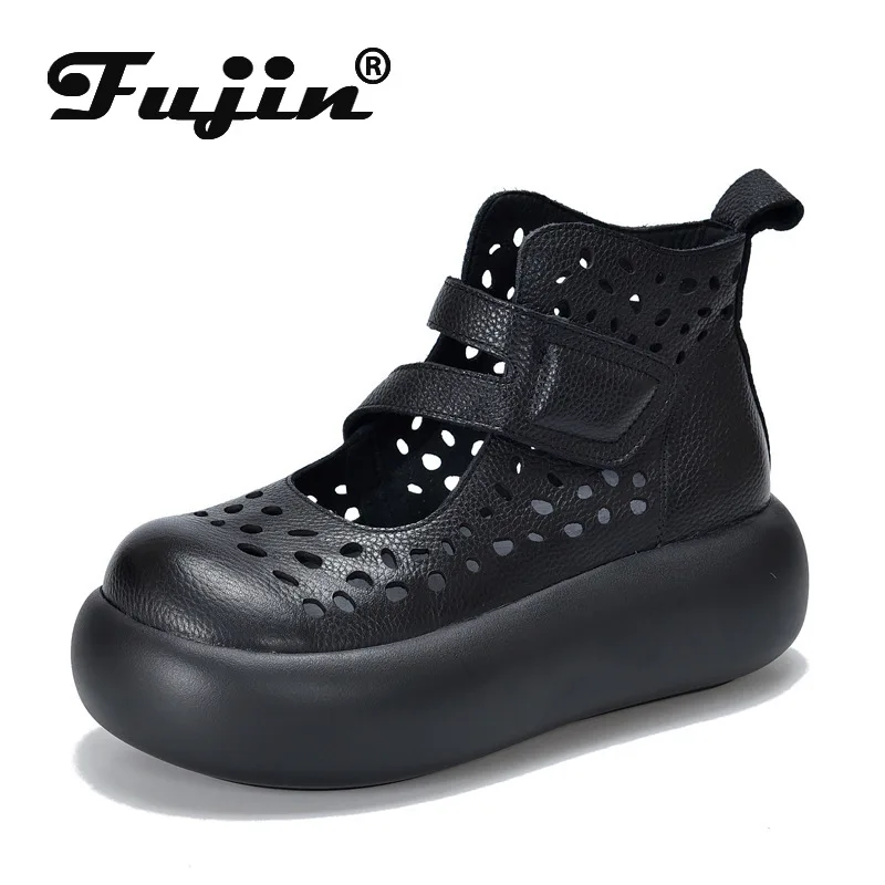 

Fujin 6cm Summer Women Hollow Mary Jane Shoes Genuine Leather Sandals Boots Platform Wedge Hook Pumps Chunky Sneaker Booties