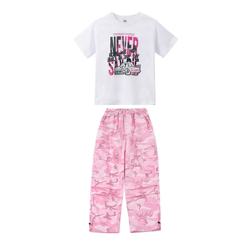 Abbigliamento Hip Hop per bambini T-shirt grafica bianca T-shirt mimetica rosa Pantaloni cargo larghi casual per vestiti per costumi da ballo jazz per ragazza ragazzo