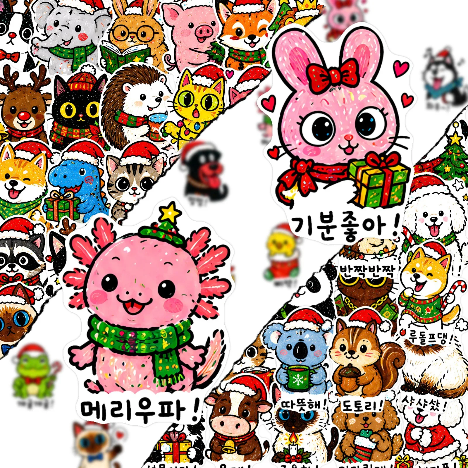 50 Pcs Christmas Cute Animal Decals with Korean Text, Waterproof Stickers for Water Bottles, Xmas Party DIY Decor