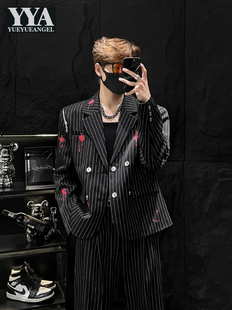 

Весенний мужской деловой костюм: свободный двубортный пиджак и брюки, комплект из двух предметов, в полоску, для офиса и торжественных мероприятий