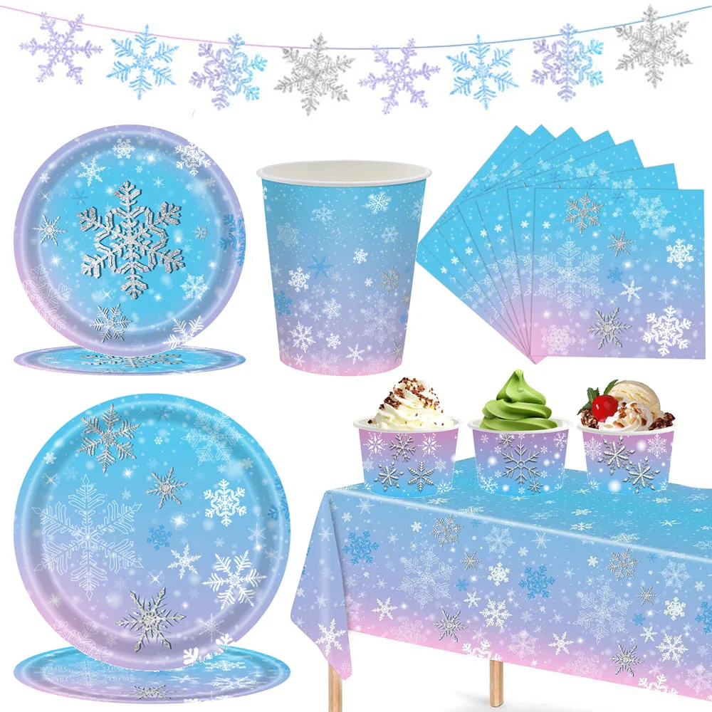 Suministros para fiesta de cumpleaños congelados, plato de papel con copos de nieve de invierno, servilleta, taza, vajilla desechable para fiesta congelada, decoraciones para fiesta de Navidad