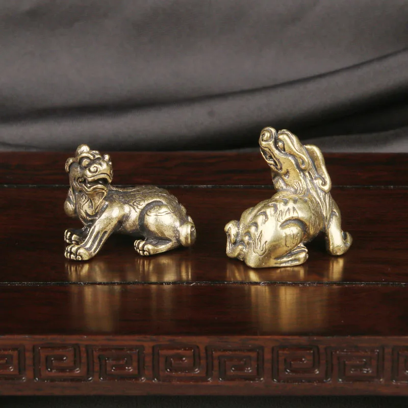 Brass Five Blessings Kylin Desktop Ornament National Trend Auspicious Beast Copper Carving Craft Vintage Brass Artware