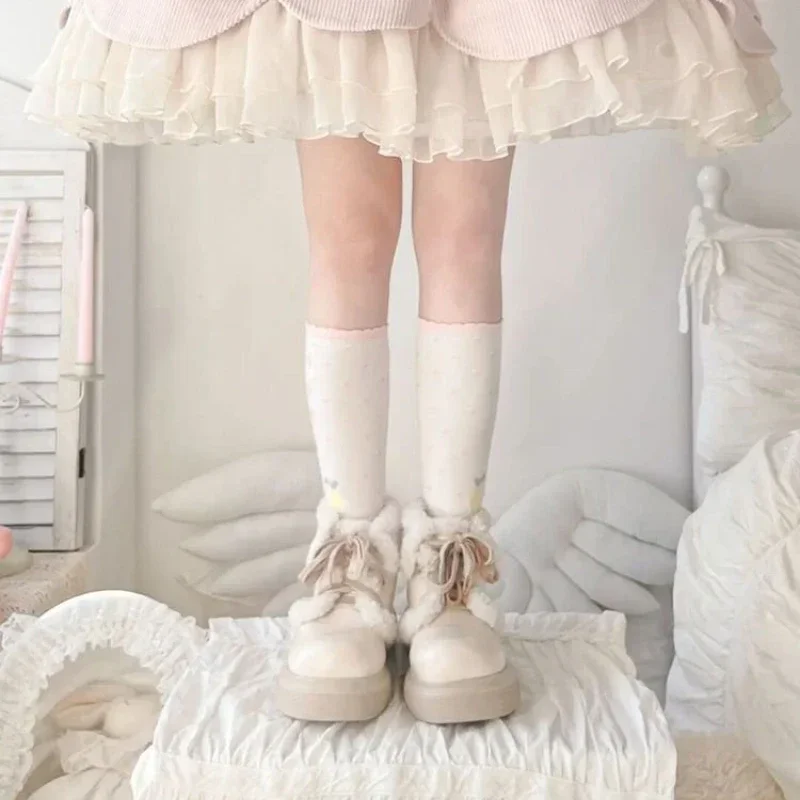 Japanese Kawaii Ankle Boots Women Pure Color Lace-up Sweet Plush Shoes Female Street Fashion Casual Boots Autumn 2024 New