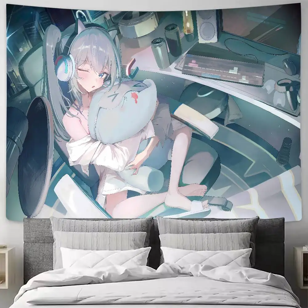Aesthetic Anime Style Wall Tapestry, Winking Cat Ear Girl Night City Indoor Scene Wall Hanging Cartoon Kawaii Gaming Room  Decor