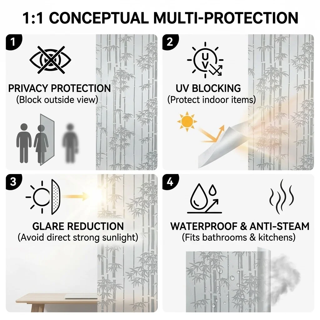 Bamboo Pattern Self-Adhesive Window Film 70/80/90cm Privacy Frosted Waterproof Anti-UV Decor for Bathroom Bedroom Kitchen