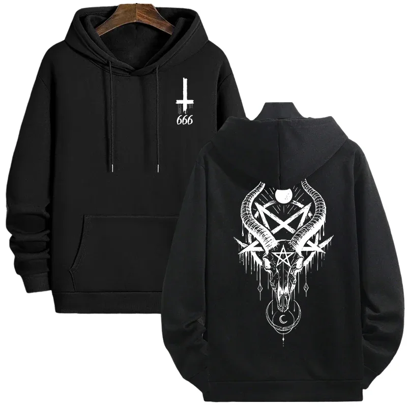 Herren Gothic Hoodies Demonic Horror Face Print Sweatshirt Streetwear Herbst Winter Herren Top Casual Pullover 666 & Inverted Cross