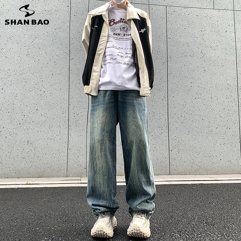 

2024 Autumn New American Retro Casual Washed Jeans High Street Boys Loose Straight Pants Versatile Floor-Mopping Wide Leg Pants