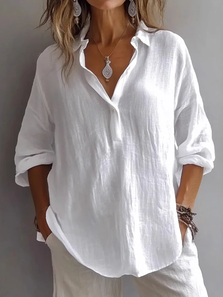 

Casual Women Blouses 2025 Summer Long Sleeve Solid Patchwork Lady Blouse Shirts Turn-down Collar Loose Female Elegant Blusa Tops