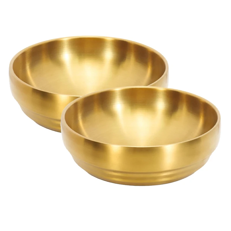 2Pcs 7.3In Gold Large Stainless Steel Soup Bowl, 35OZ Double Walled Sashimi Dish, Unbreakable Serving Bowl Rice Bowls