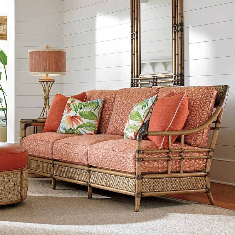 South East Asia wind double three sofa living room all solid wood bamboo rattan light color leisure