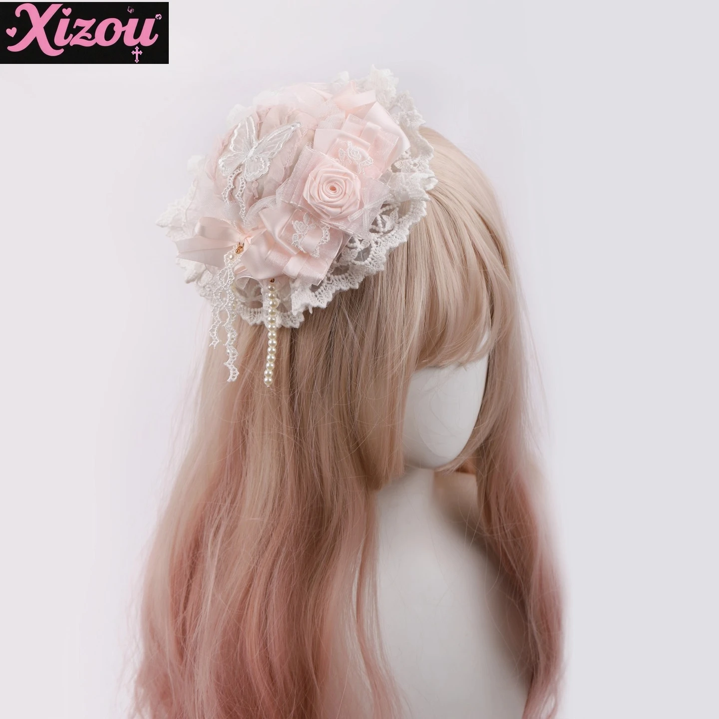 

Kawaii Japanese Lolita Handmade Small Things Sweet Lolita Accessories Milk Powder Color Rose Bow Pair KC Lace Headband Top Hat