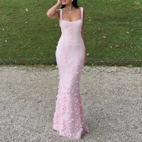 Aangepaste vierkante kraag zeemeermin avondjurken spaghetti feestjurk 3D bloemen lovertjes kant applicaties lange galajurk