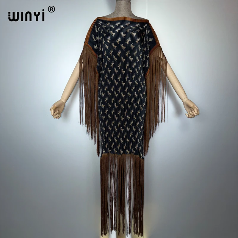 WINYI plissé élastique mince robe à franges femmes froissé Design ample boho robe vacances mode robe de soirée abaya dubaï luxe