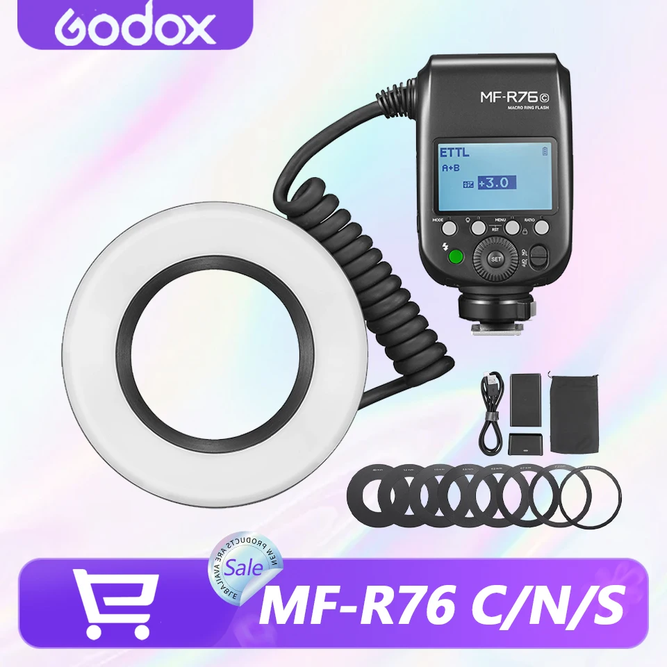 Godox MF-R76 S/C/N TTL 5900K  Macro LED Ring Flash Speedlite Flash Light  for Sony Nikon Canon Camera 5D 6D 7D A7MIV