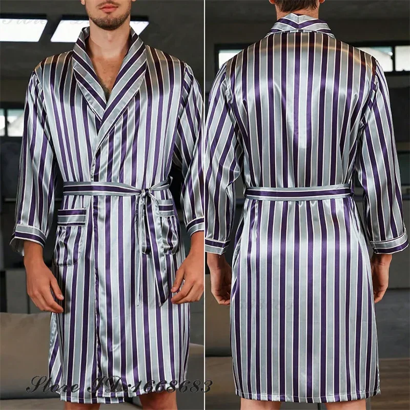 

Men Bath Robe with Pocket Sleepwear Satin Casual Kimono Bathrobe Ice Silk Long Dressing Gown Patchwork Lounge Wear Nightgown
