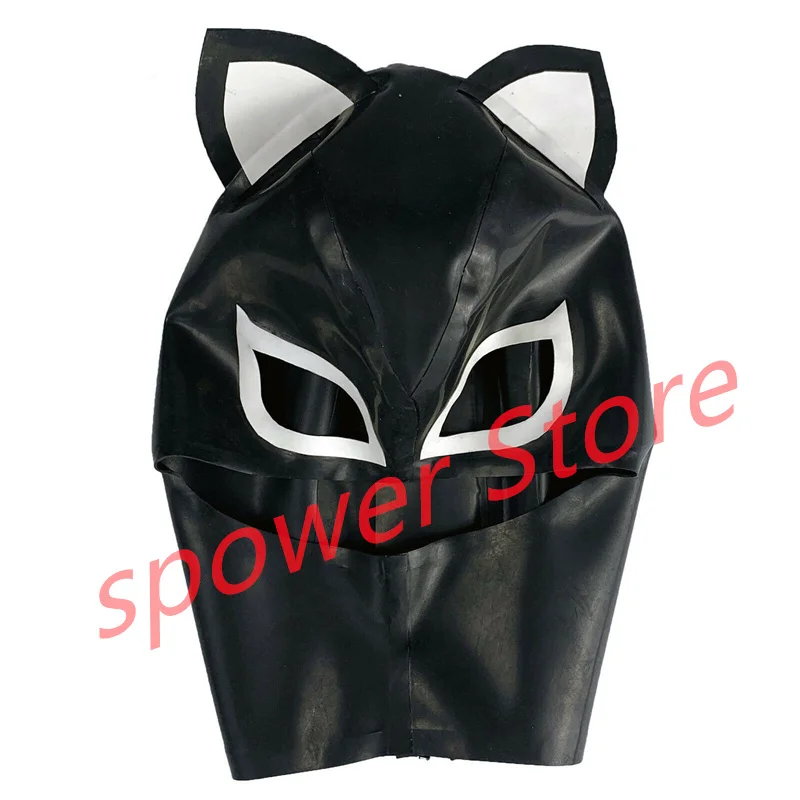 

Natural Latex Full Head Cat Ear Latex Hoods Rubber Mask Fetish Women Cosplay Costumes Black with White Trim Back Zip Club Wear