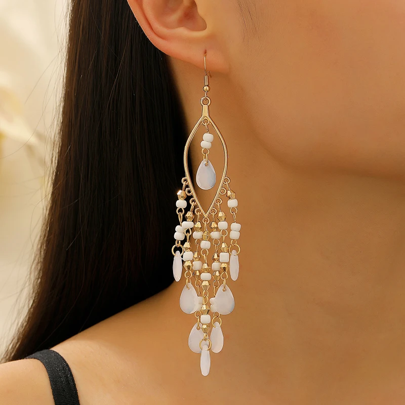 Ethnische Lange Acryl Wasser Tropfen Ohrringe für Frauen Retro Boho Gold Farbe Hohl Quaste Ohrringe Bijoux Femme Zubehör – Detail 19