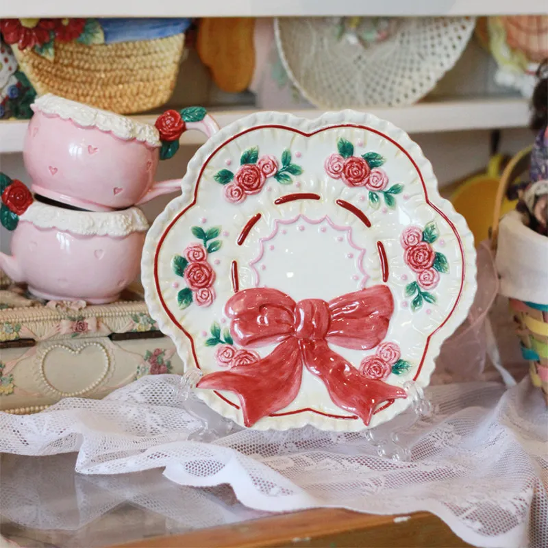 Vintage | Original retro cute rose bow ceramic plate flat plate dim sum plate vegetable