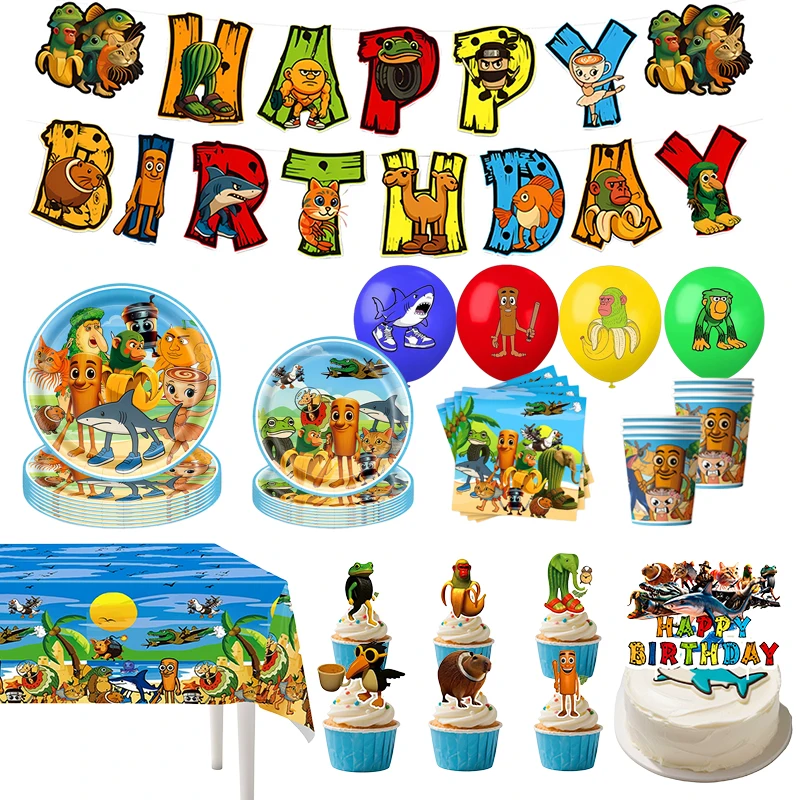 

Italian Brainrot Birthday Party Decoration, Funny Tung Tung Tung Sahur Disposable Tableware Tablecloth Balloon Party Supplies