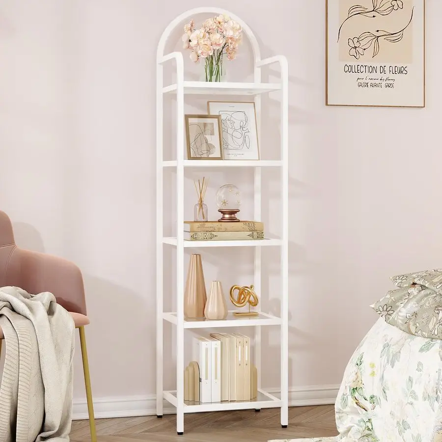 

Bookshelf, Tempered Glass Bookshelves, Slim Shelving Unit for Bedroom, Bathroom, Home Office, Steel Frame, 5 Tier White BC05099