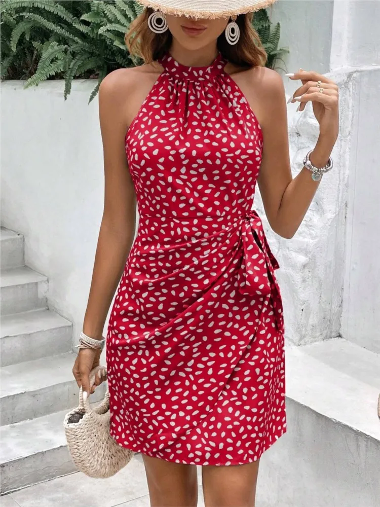 

Floral Women's Summer Dress Fashion New Halter Zipper Bandage Sleeveless Pleated Mini Prom Dresses For Women Boho Vestidos 2024