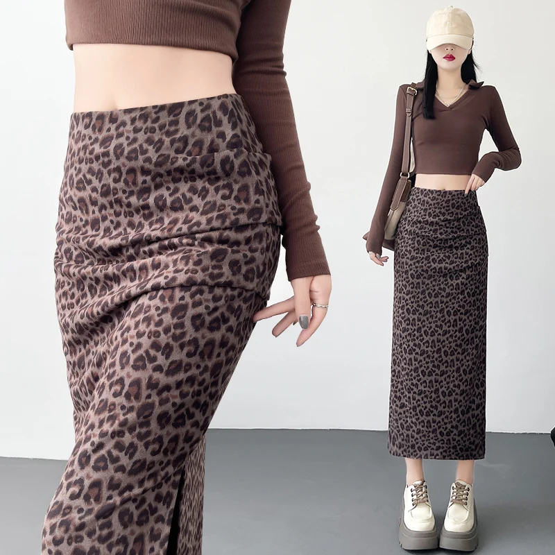 

Leopard Skirts For Women Vintage Split Wrap Hips Midi Skirt Woman Chic Folds Elegant Women's Casual Skirts High Waist Sexy Skirt