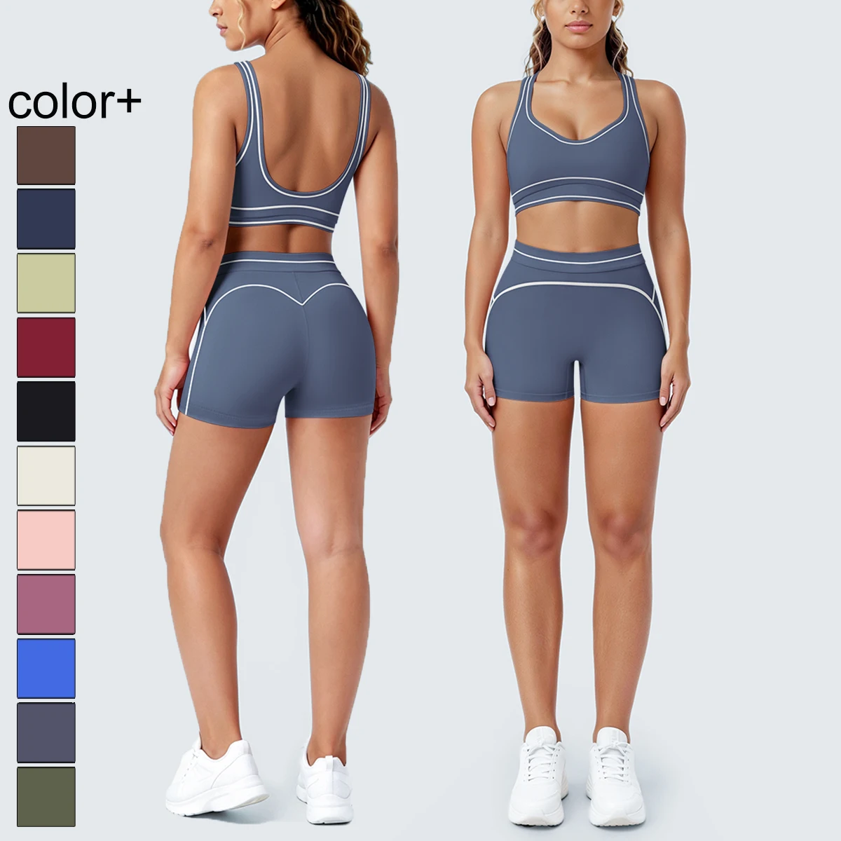 New Woman Yoga Set Color Blocking Sexy Sport Bra Yoga Underwear with Chest Pad High Waist Stripe Running Fitness Shorts Yoga Set