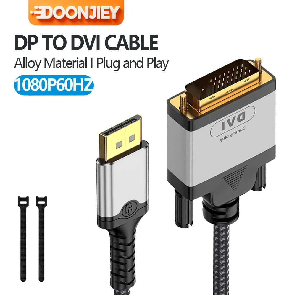 DP to DVI Cable High Definition Video Transmission Cord for Desktop Laptop GPU Monitor Home Presentation with 2 Cable Straps