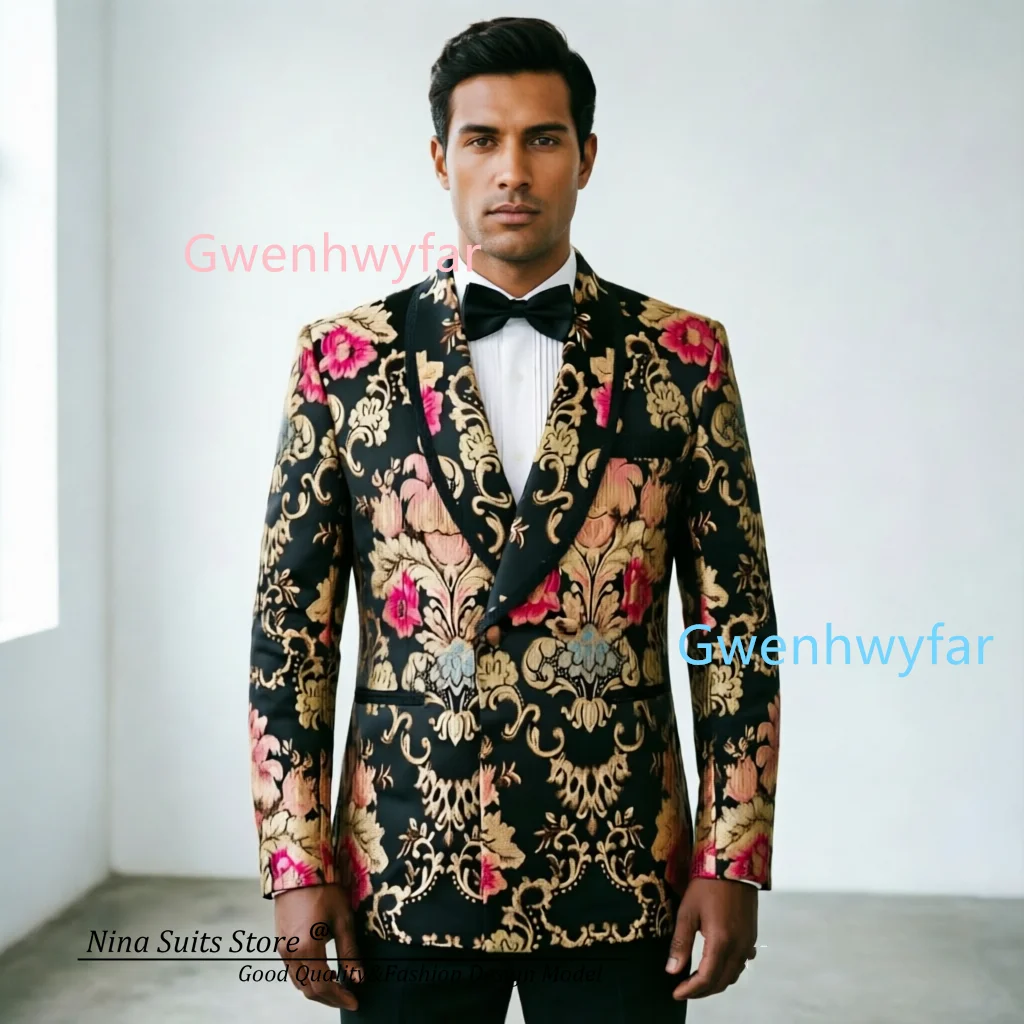 Luxury 2026 Men's Tuxedo 3-Piece Set with Gold Flower Embroidery Party Wear European Court Style Jacket Vest And Black Pants