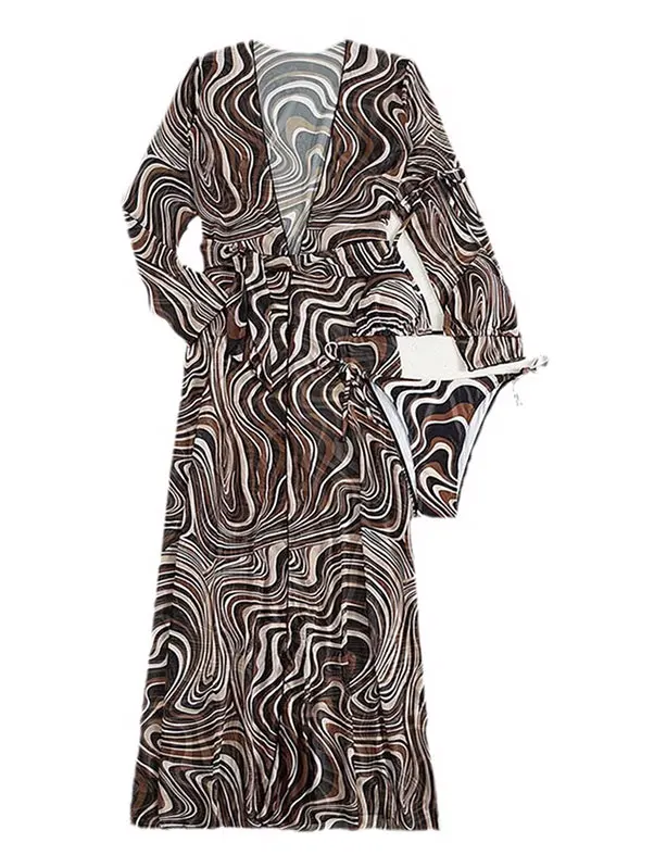 

2023, пляжная одежда Faion Long Sve Me, комплект из футболки, женский купальный костюм, солнцезащитный пояс, V-Ne, купальник из полиэстера и спандекса