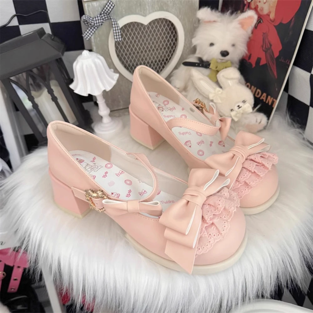 

Lolita Shoes Low Heel Summer Heels Women Mary Janes Platform Shoes Casual Bow Lace Kawaii Women Single Shoe Pumps