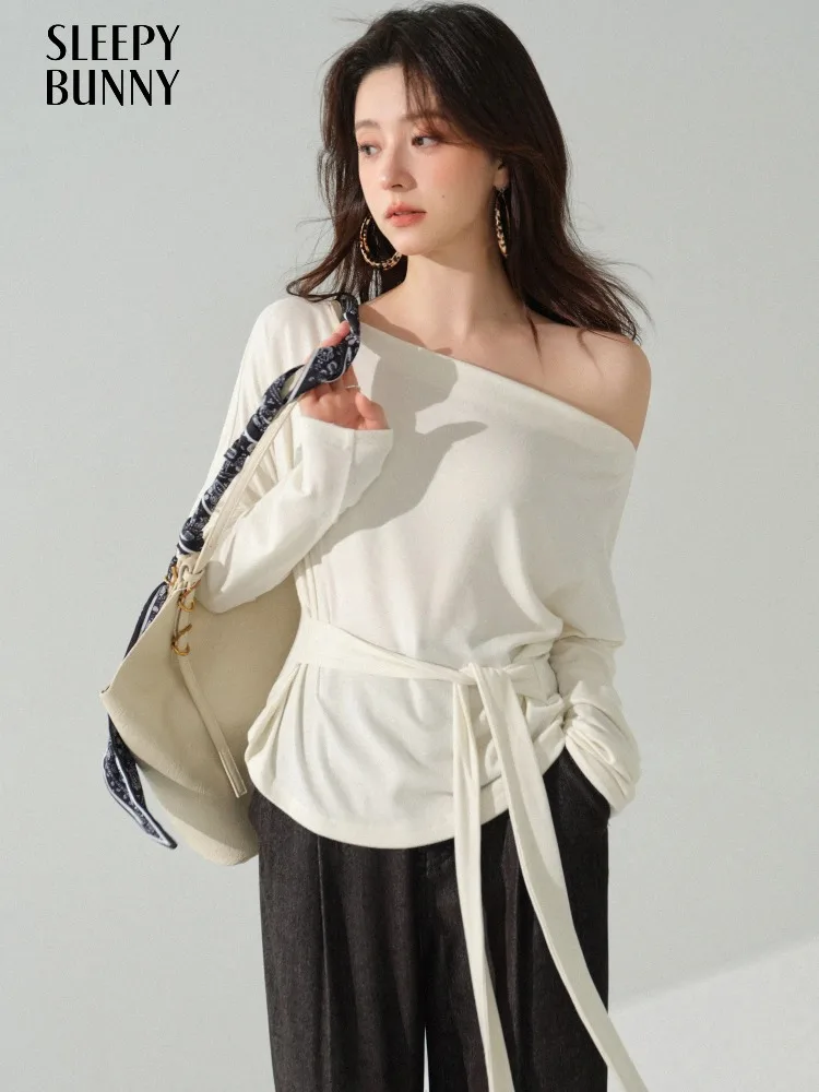 

Off Shoulder Long Sleeve T Shirt Women Versatile Three Way Neckline Top Slim Fit Elegant Pullover Autumn Fashion Casual Blouse