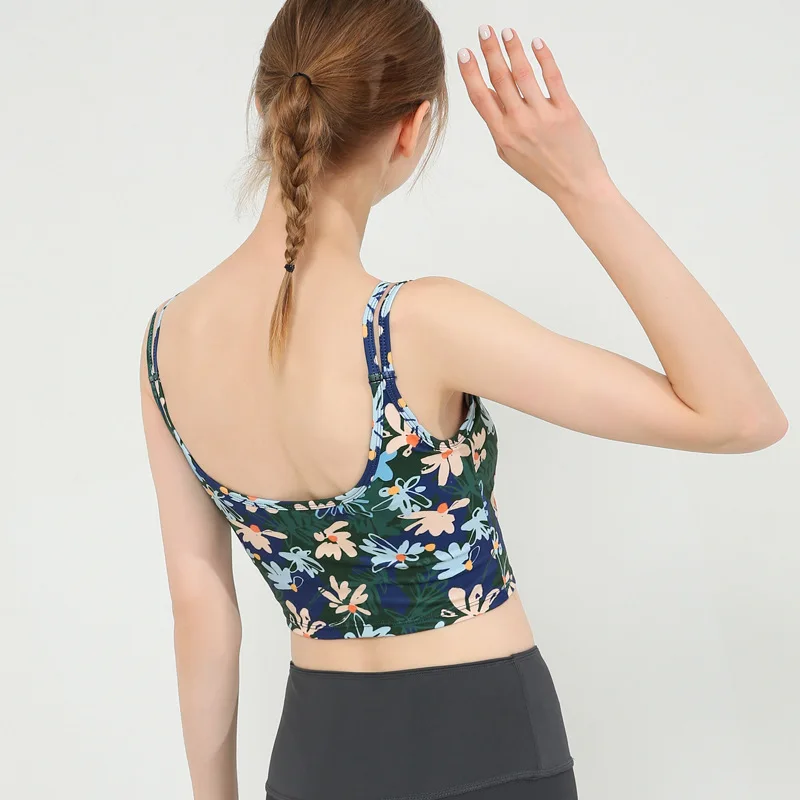 

Женский спортивный бюстгальтер в европейском и американском стиле с двойными бретелями, противоударный, со сборками на спине, с принтом для бега, танцев, йоги
