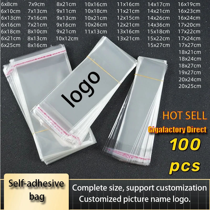 100 unids/lote bolsas autoselladas autoadhesivas transparentes bolsas de celofán de plástico OPP bolsas de regalos y bolsas bolsas de embalaje de joyería logotipo personalizado
