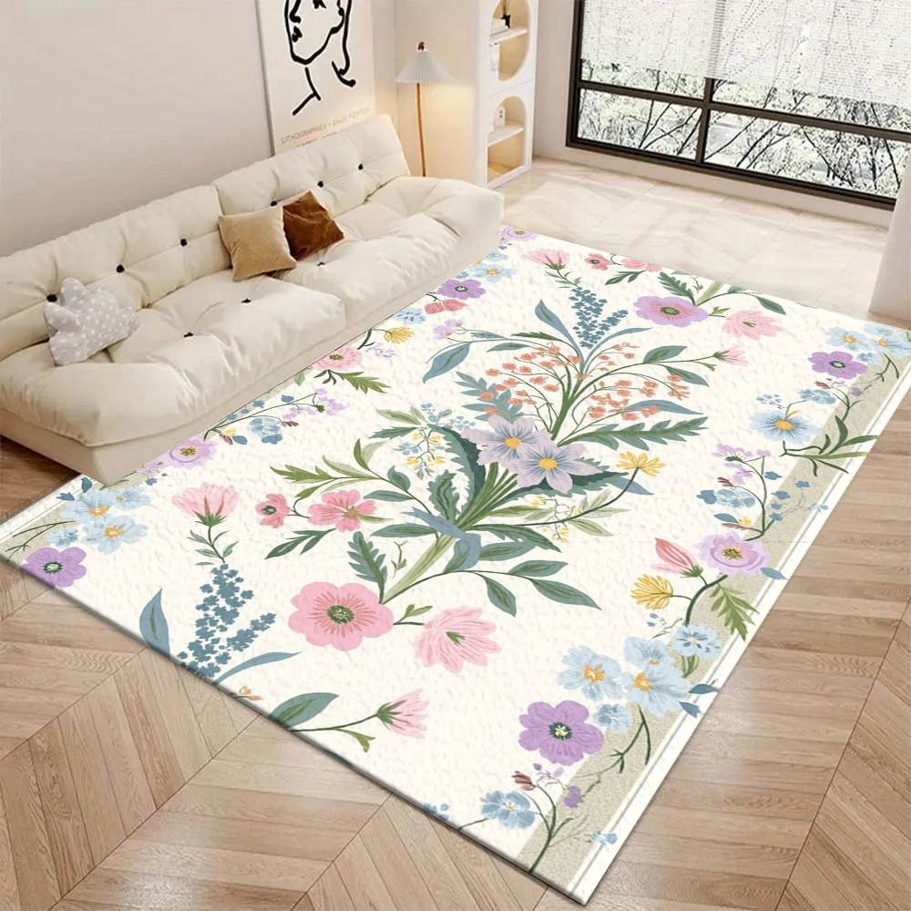 Pastel Botanical Floral Carpet Flooring Multi‑Color Wildflower Bouquet Printed Area Rug for Living Room Study Home Ornament