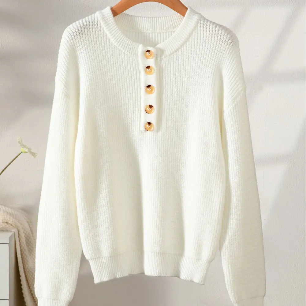 

Женский однотонный пуловер на пуговицах, свитер с полуоткрытым воротником, модный дизайн на осень и зиму, элегантный ленивый стиль