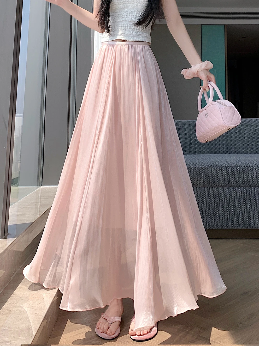 

Elegant A-Line Midi Skirt Women's High Waist Flared Skirt Summer New Style Korean Style Commute Casual High Waist Long Skirt