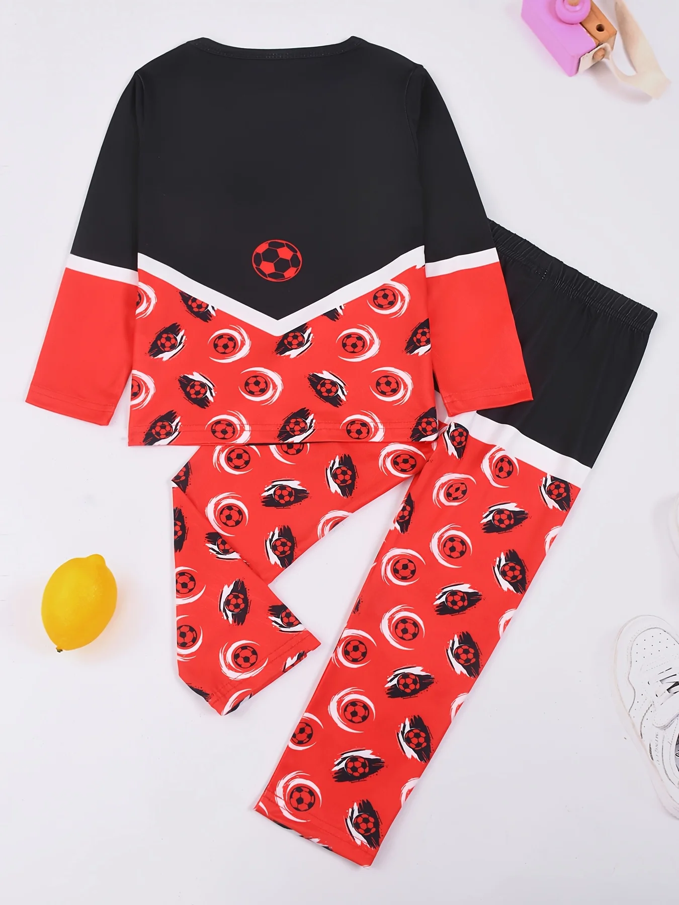 Boys' 2-Piece Football Print Pajama Set, Color Block Micro Elastic Long Sleeve Top & Pants Loungewear