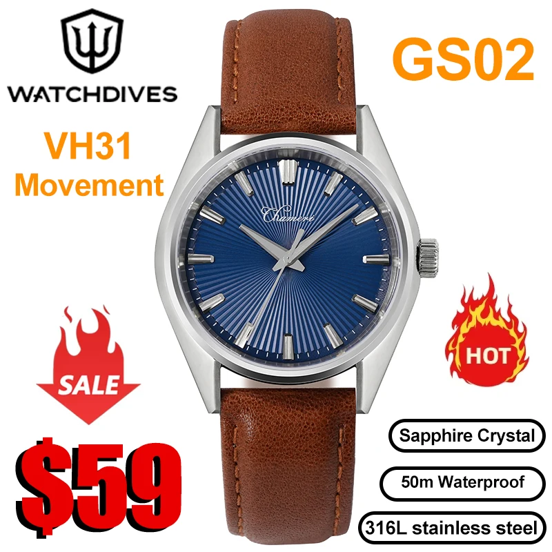 

Новые кварцевые часы Chameri GS02 с механизмом VH31, сапфировым стеклом, из нержавеющей стали, водонепроницаемые, с кожаным ремешком, 40 мм, винтажные, для бизнеса