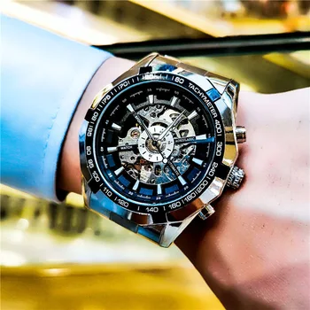 Men&#x27;s mechanical watch, large dial, business fashion, punk, business, stainless steel, luminous self-winding mechanical watch