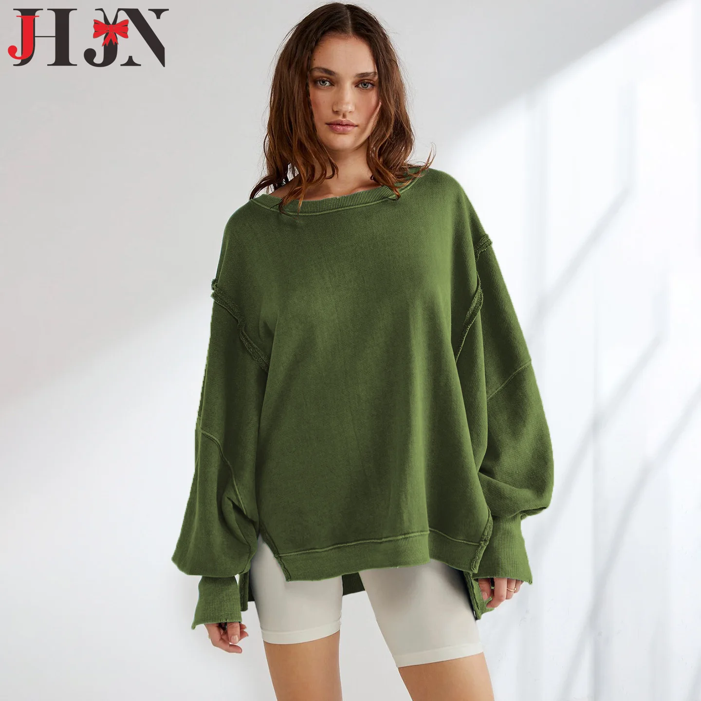 JHJN Sporty Women Hoodies O-Neck Solid Color Sweatshirt American Retro Tracksuit Bright Line Decoration Hoody Long Sleeve Tops