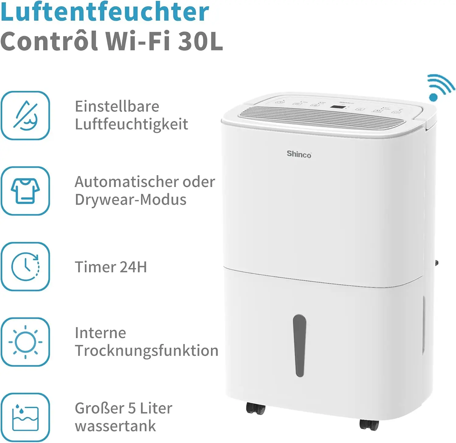 SHINCO 30L Electric Dehumidifier for 105 m³ (35 m²), WiFi, Energy Saving, Automatic Restart, Laundry Drying, 24H Timer